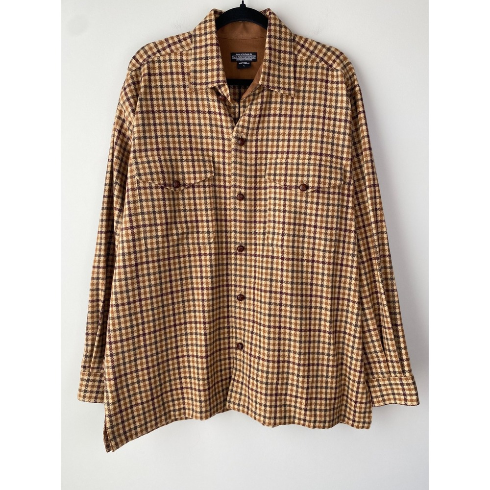 J Peterman Mens 100% Wool Jacket L Brown‎ Plaid Lumberjack Vintage Retro 90s